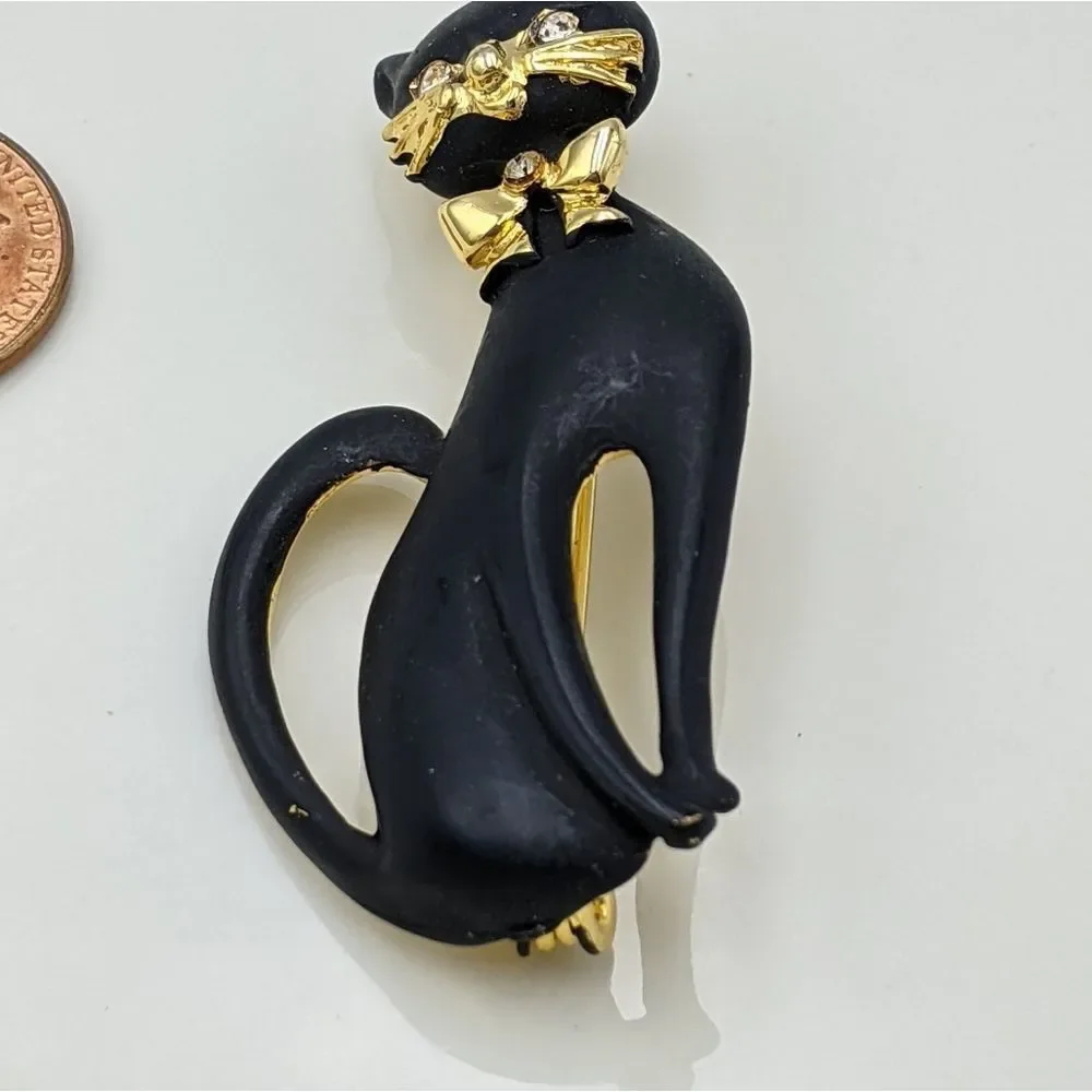 Vintage Black Cat Gold Bow Rhinestone Brooch Pin